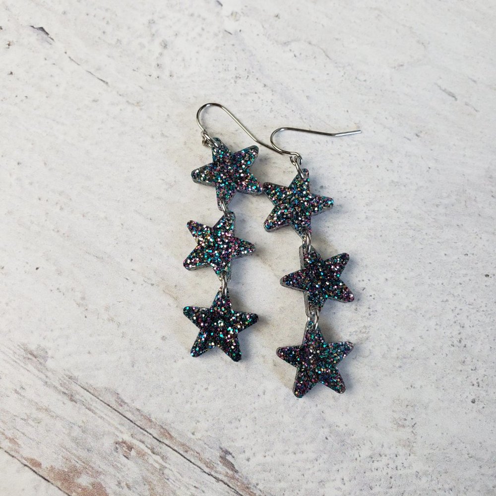 Star Dangle Earrings, Dark Gray Galaxy Glitter Acrylic, Handmade